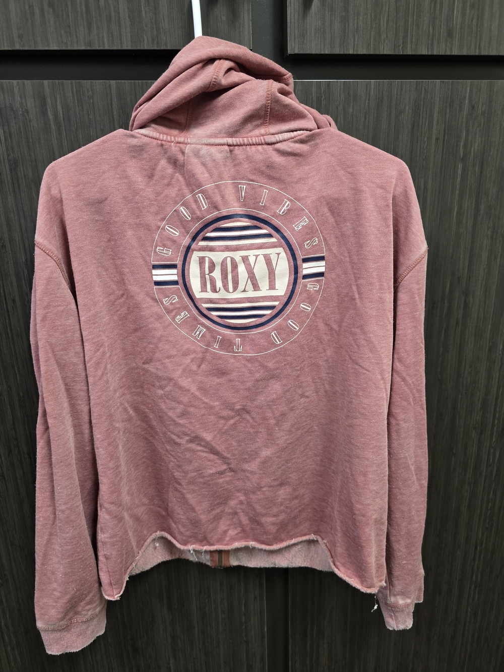 Roxy Full Zip Hoodie Women's XL Pink Raw Hem Graphic Sweatshirt Good Vibes
